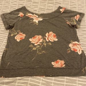 Maurices Gray Pink Flower Print Short Sleeve Sweatshirt Top